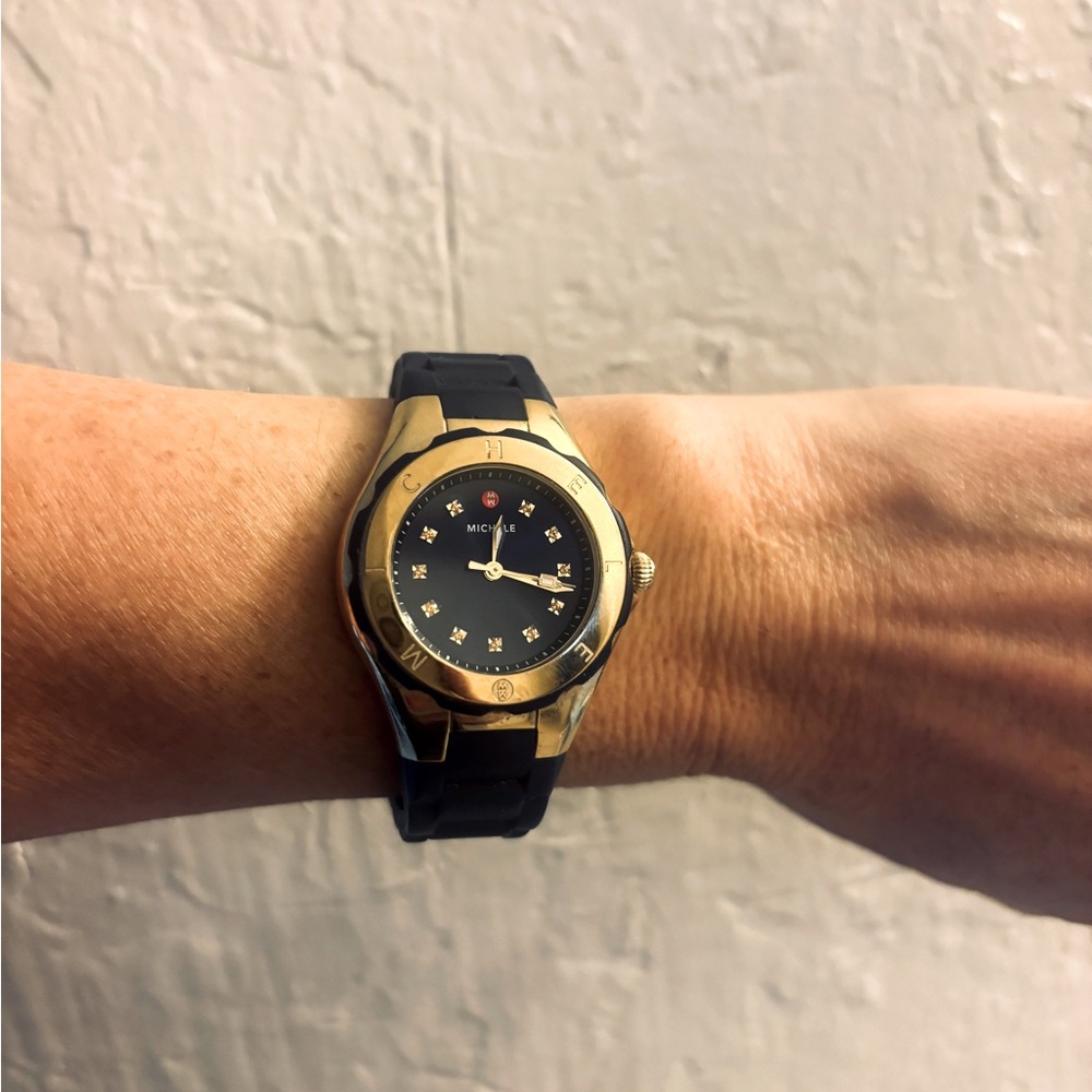 Michele watch with navy blue silicone band